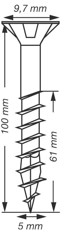 Technische Zeichnung einer Schraube mit folgenden Abmessungen: 9,7 mm Kopfbreite, 100 mm Gesamtlänge, 61 mm Gewindelänge und 5 mm Spitzenbreite.