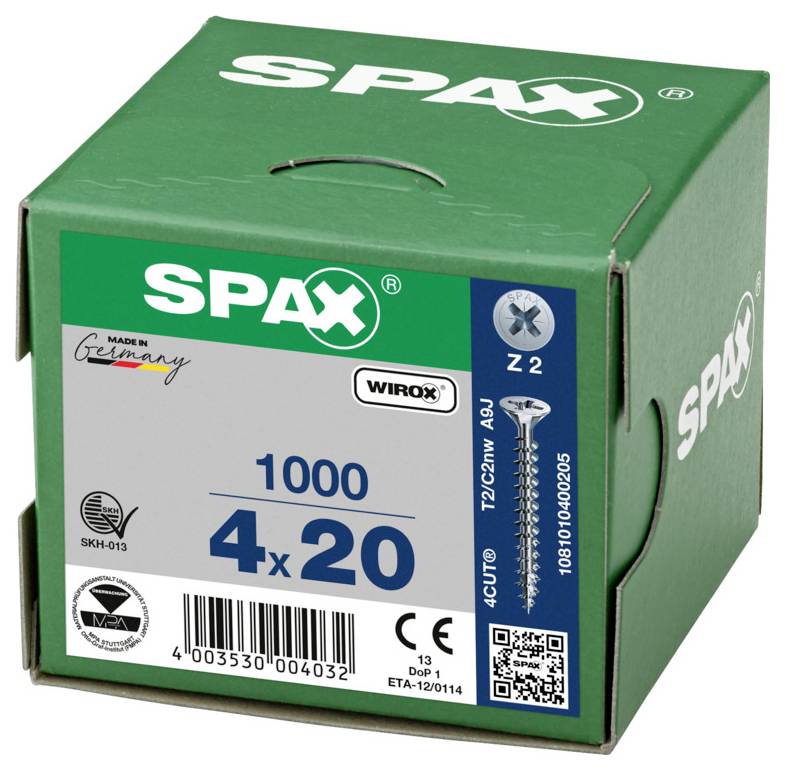 Grüne SPAX-Schachtel mit 1000 Wirox-Schrauben, beschriftet mit 4x20, mit Produktspezifikationen und Barcode auf der Vorderseite.
