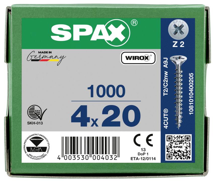 Grüne SPAX-Schraubenbox mit Aufschrift „1000 4x20