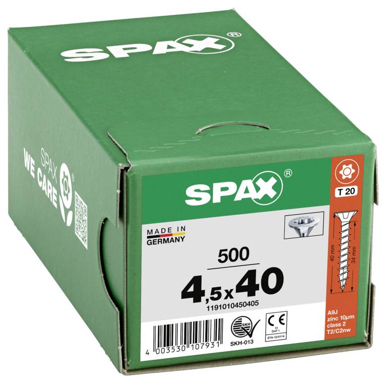 Grüne SPAX-Schraubenbox mit der Aufschrift „4,5x40
