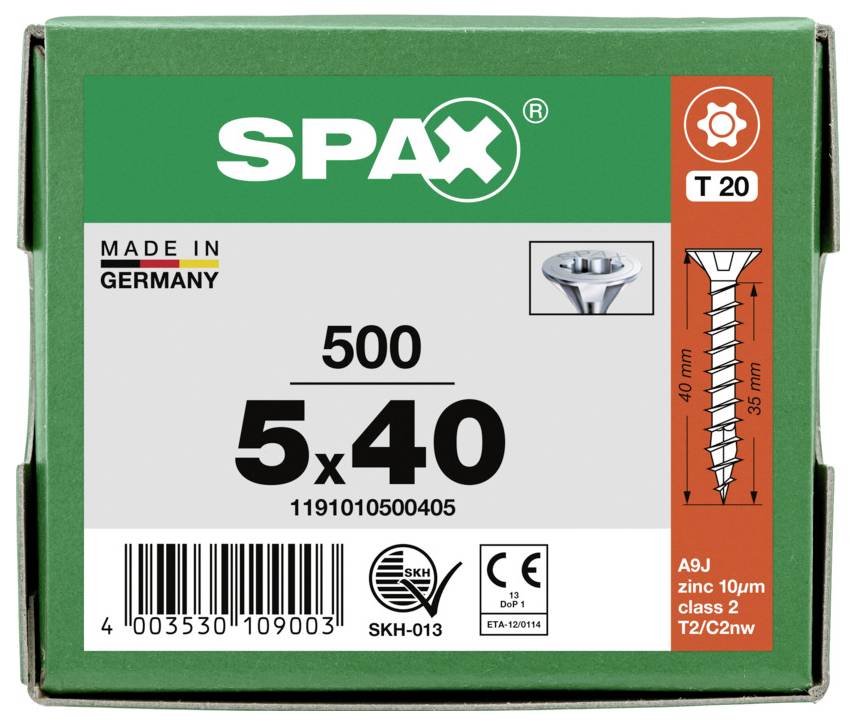 Schachtel SPAX-Konstruktionsschrauben, gekennzeichnet mit '6 x 140', '100', 'Made in Germany' und 'T 30', mit einer Schraubendarstellung und einem Barcode.
