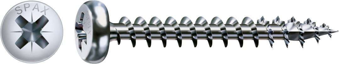 Eine Metallschraube vom Typ SPAX in Seitenansicht, mit einer Vergrößerung des Schraubenkopfs auf der linken Seite und dem sich nach rechts zu einer spitzen Spitze erstreckenden Gewellschaftsschaft.