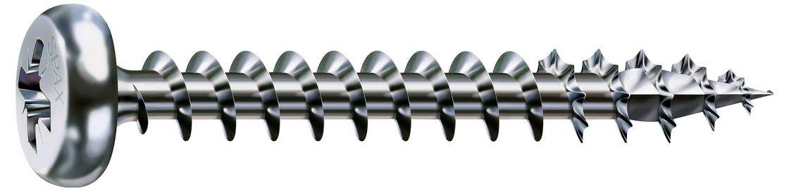 Eine glänzende Metallschraube, horizontal dargestellt, mit einem geschlitzten runden Kopf auf der linken Seite und einem gewindelten spitzen Schaft, der sich nach rechts erstreckt.