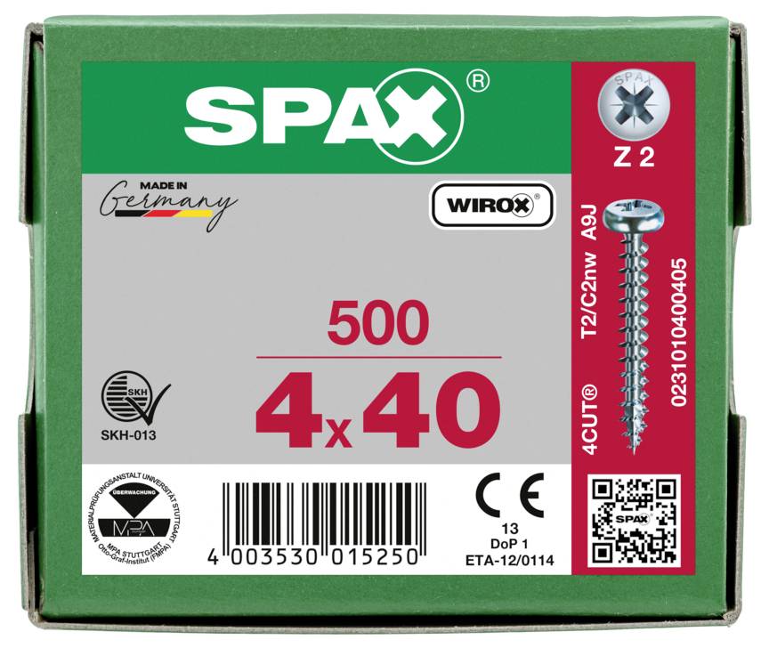 SPAX 0231010400405 Halbrundschrauben 4mm 40mm Kreuzschlitz Pozidriv Stahl 500St.