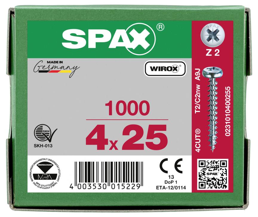 SPAX 0231010400255 Halbrundschrauben 4mm 25mm Kreuzschlitz Pozidriv Stahl 1000St.