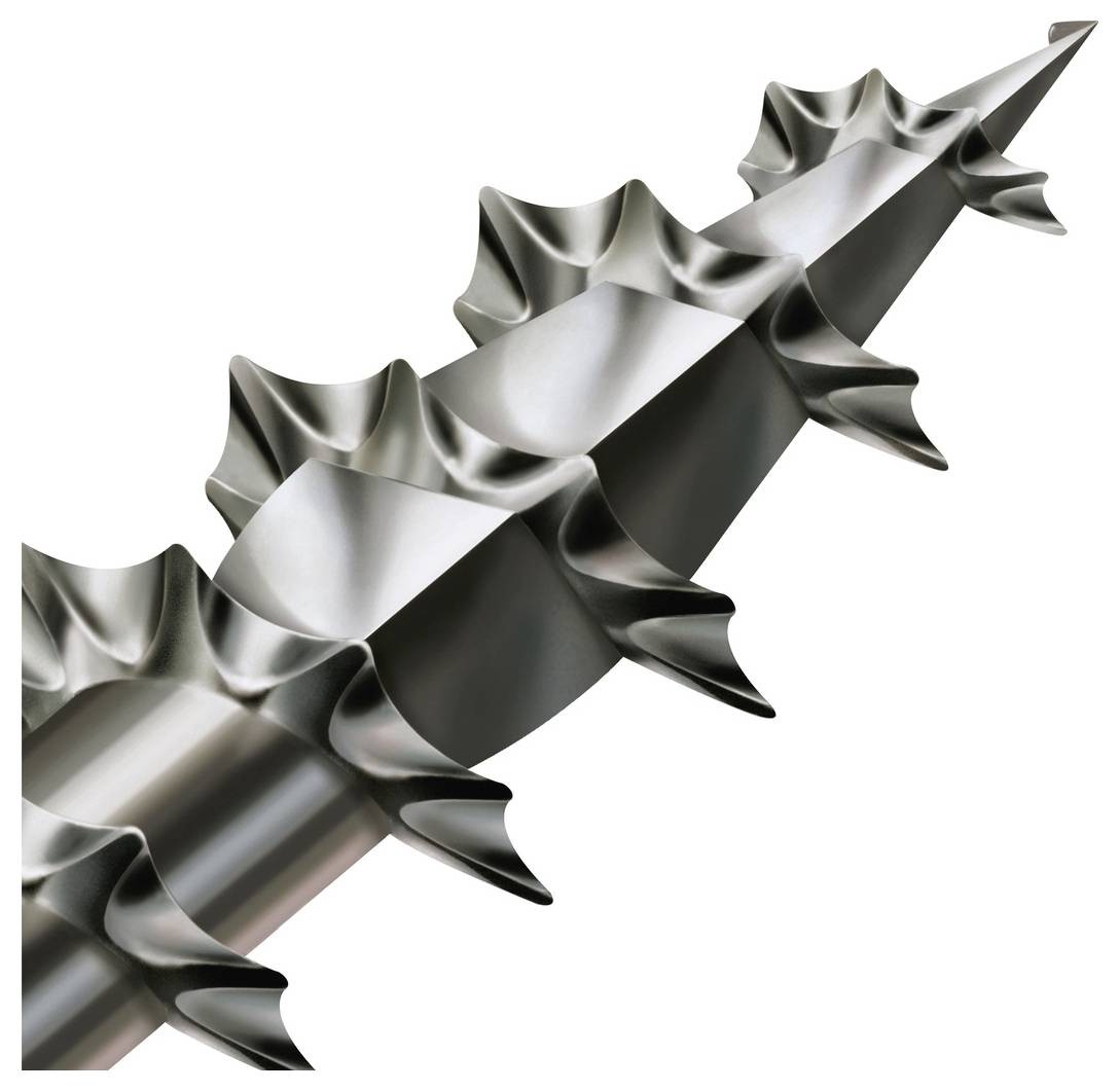 Nahaufnahme eines metallischen Schneckenbohreraufsatzes mit spiralförmigen Schneidkanten auf weißem Hintergrund.