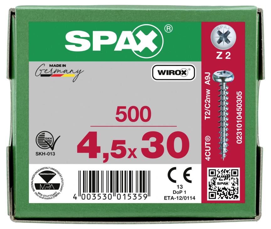 SPAX 0231010450305 Halbrundschrauben 4.5mm 30mm Kreuzschlitz Pozidriv Stahl 500St.