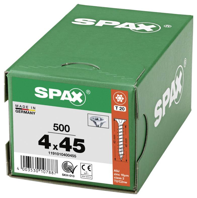 Grüne SPAX-Konstruktionsschraube, Karton gekennzeichnet 6 x 140, 100 Stück, hergestellt in Deutschland.