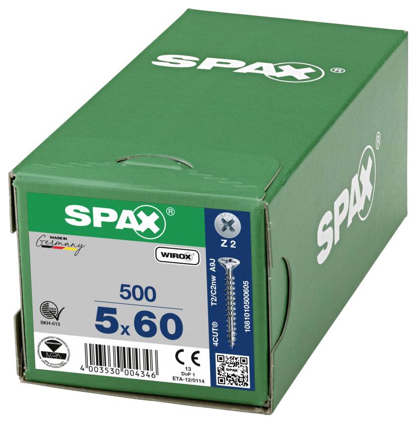 Schachtel SPAX-Schrauben mit Bezeichnung 500, 5x60, mit Schraubenbild und Produktkennzeichnungen einschließlich „Made in Germany