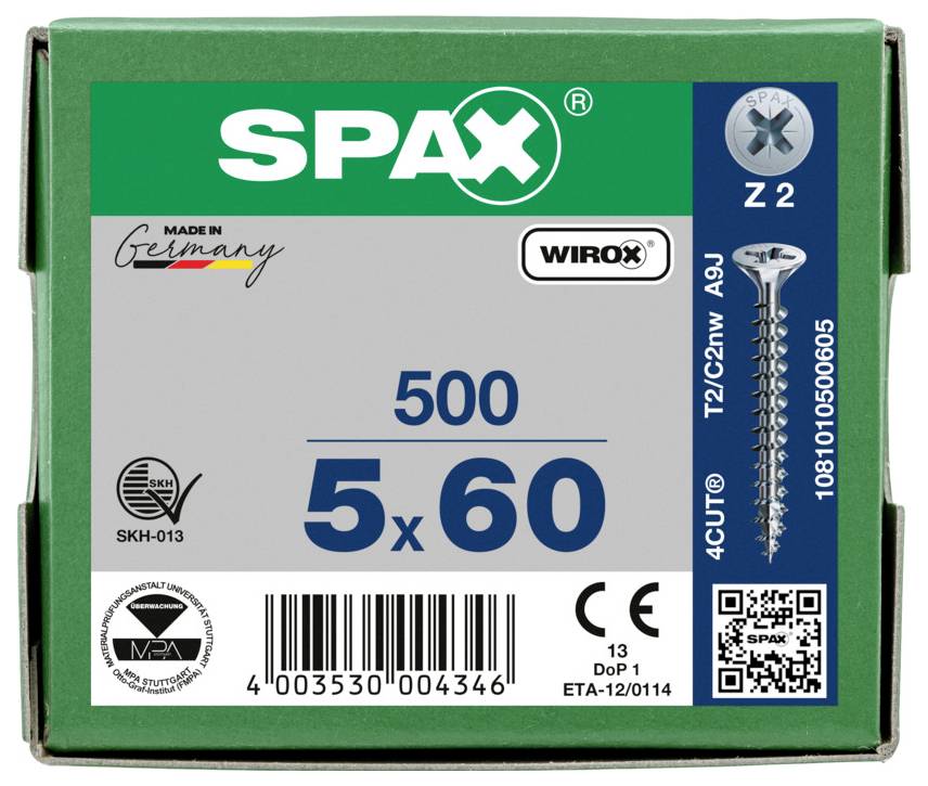Grüne SPAX-Bauschrauben-Schachtel mit der Bezeichnung 10 x 160, hergestellt in Deutschland, mit einem Schraubendiagramm und einem Barcode auf der Vorderseite.