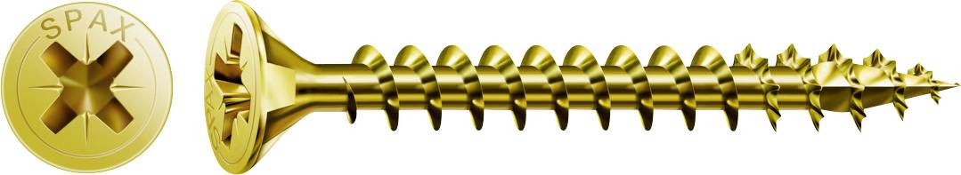 Goldfarben SPAX Schraube in Seitenansicht mit entsprechender Kopfnahaufnahme, mit Stern-Antrieb und Gewellschaft.