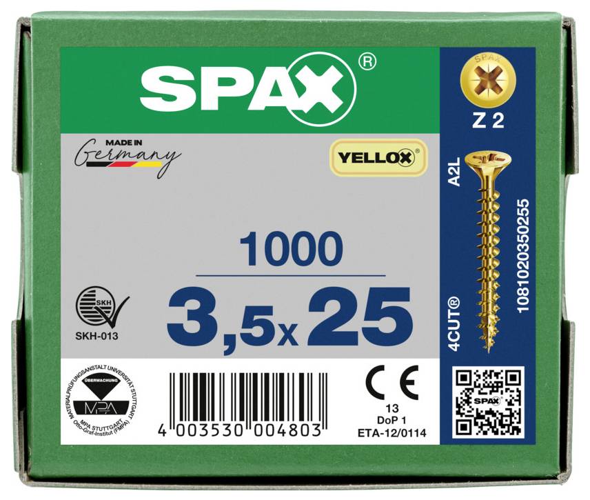 Schachtel mit SPAX YELLOX 3.5x25 Schrauben, 1000er-Pack, mit Produktbild, Barcode und technischen Etiketten auf der Vorderseite.