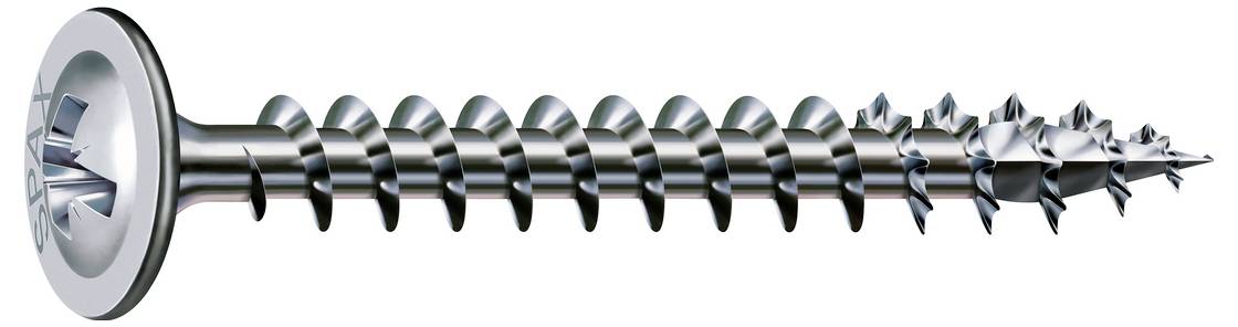 Metallschraube mit großem rundem Kopf und scharfer Spitze, in Seitenansicht auf weißem Hintergrund gezeigt.