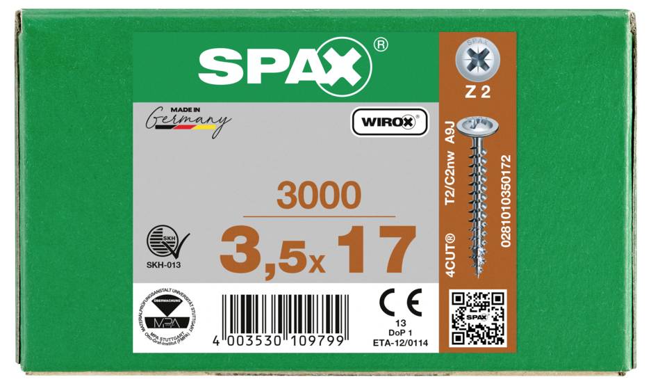 SPAX 0281010350172 Rückwandschrauben 3.5mm 17mm Kreuzschlitz Pozidriv Stahl 3000St.