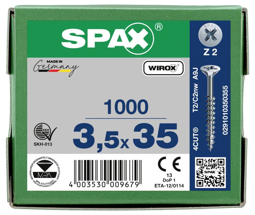 SPAX 0291010350355 Senkkopfschraube 3.5mm 35mm Kreuzschlitz Pozidriv Stahl 1000St.