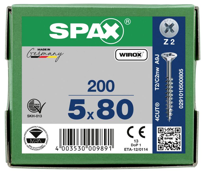 SPAX 0291010500805 Senkkopfschraube 5mm 80mm Kreuzschlitz Pozidriv Stahl 200St.
