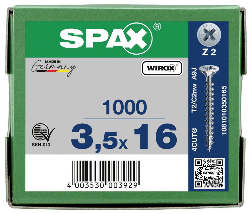 SPAX Konstruktionsschraube Karton mit Aufschrift '8x160', Menge 50, hergestellt in Deutschland, mit Schraubenabbildung und Strichcode.
