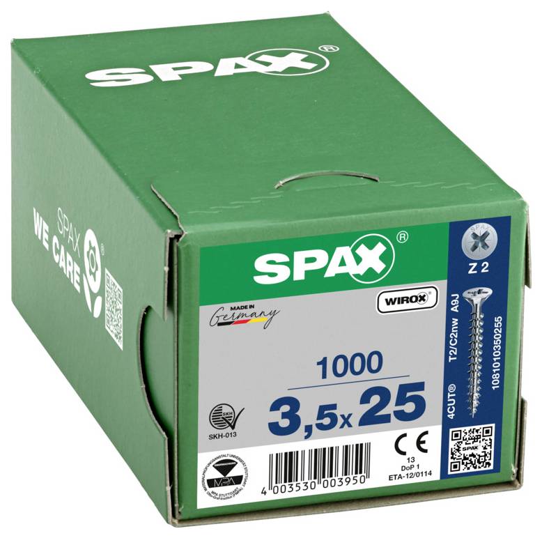 Grüne SPAX-Schraubenbox mit der Beschriftung „1000 3,5x25