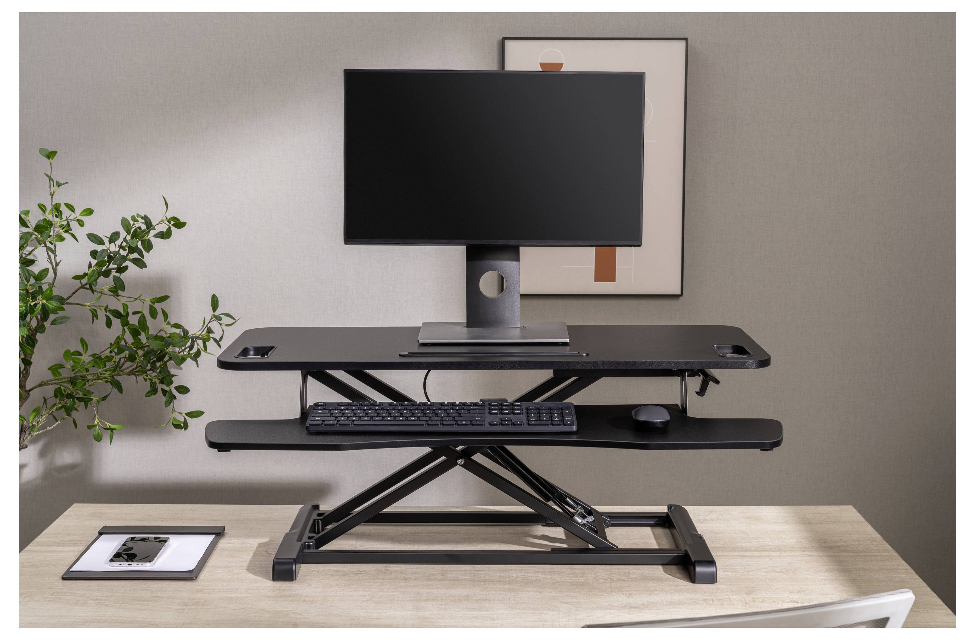 Höhenverstellbarer Schreibtisch mit Monitor, Tastatur und Maus in einem Home-Office-Setup neben einer Topfpflanze.