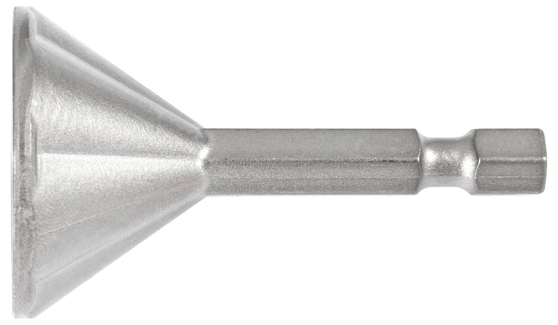 Ein Metall-Verjüngungsadapter oder Reduziernippel mit einem breiten konischen Ende und schmalem zylindrischen Schaft, dargestellt auf weißem Hintergrund.