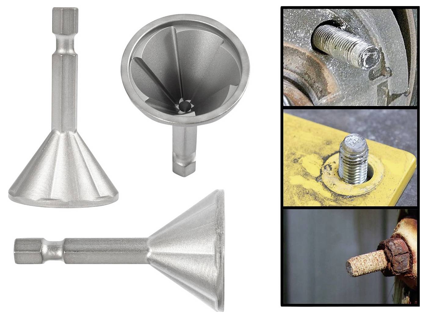 Collage aus Metall-Fasen- und Senkbohrbits plus Nahaufnahmen von Gewindestiften und Bolzen auf verrosteten und lackierten Oberflächen.