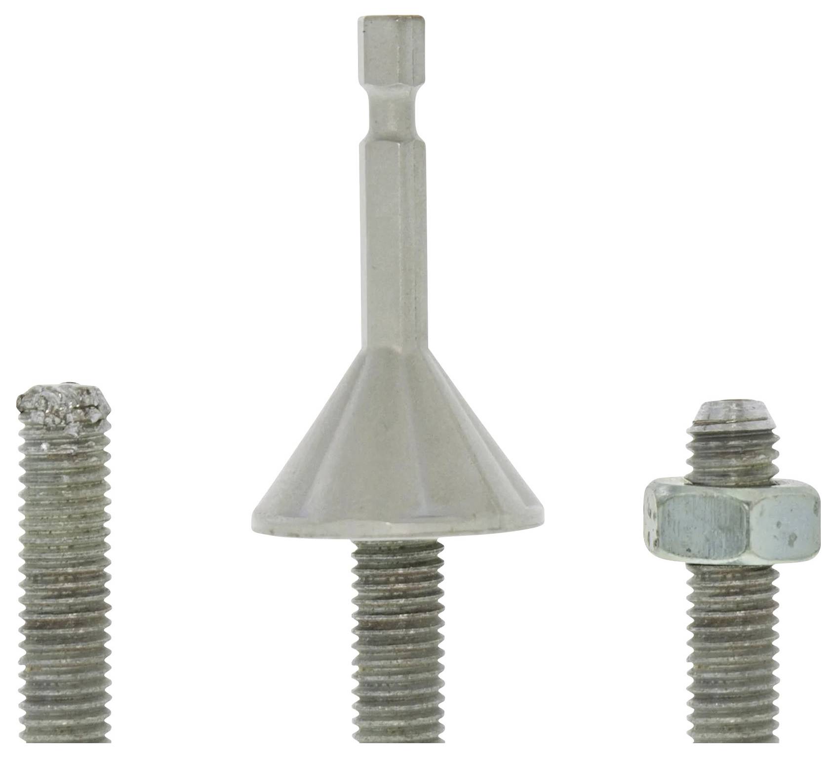 Drei Metallfastener auf weißem Hintergrund: eine Schraube links, ein konisches Werkzeugbit in der Mitte und ein Bolzen mit Mutter rechts.