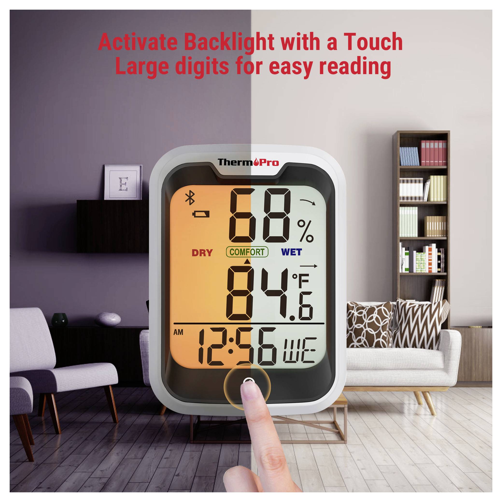 ThermoPro digitales Thermometer-Hygrometer wird angetippt, um die Hintergrundbeleuchtung zu aktivieren, zeigt 68% Luftfeuchtigkeit, 84,6°F und 12:56 an, mit Text „Hintergrundbeleuchtung durch Antippen aktivieren