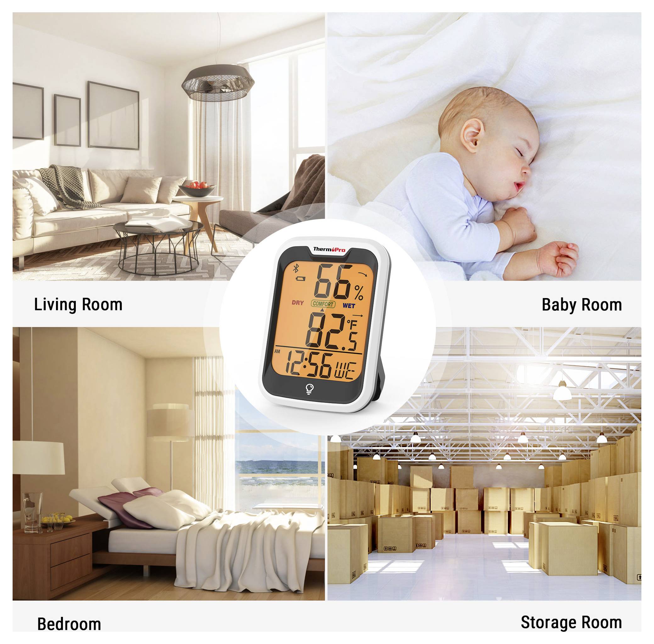 ThermoPro digitales Thermometer-Display zentriert, zeigt 68°F und 67% Luftfeuchtigkeit an, umgeben von Anwendungsbeispielen im Wohnzimmer, Babyzimmer, Schlafzimmer und Lagerraum.