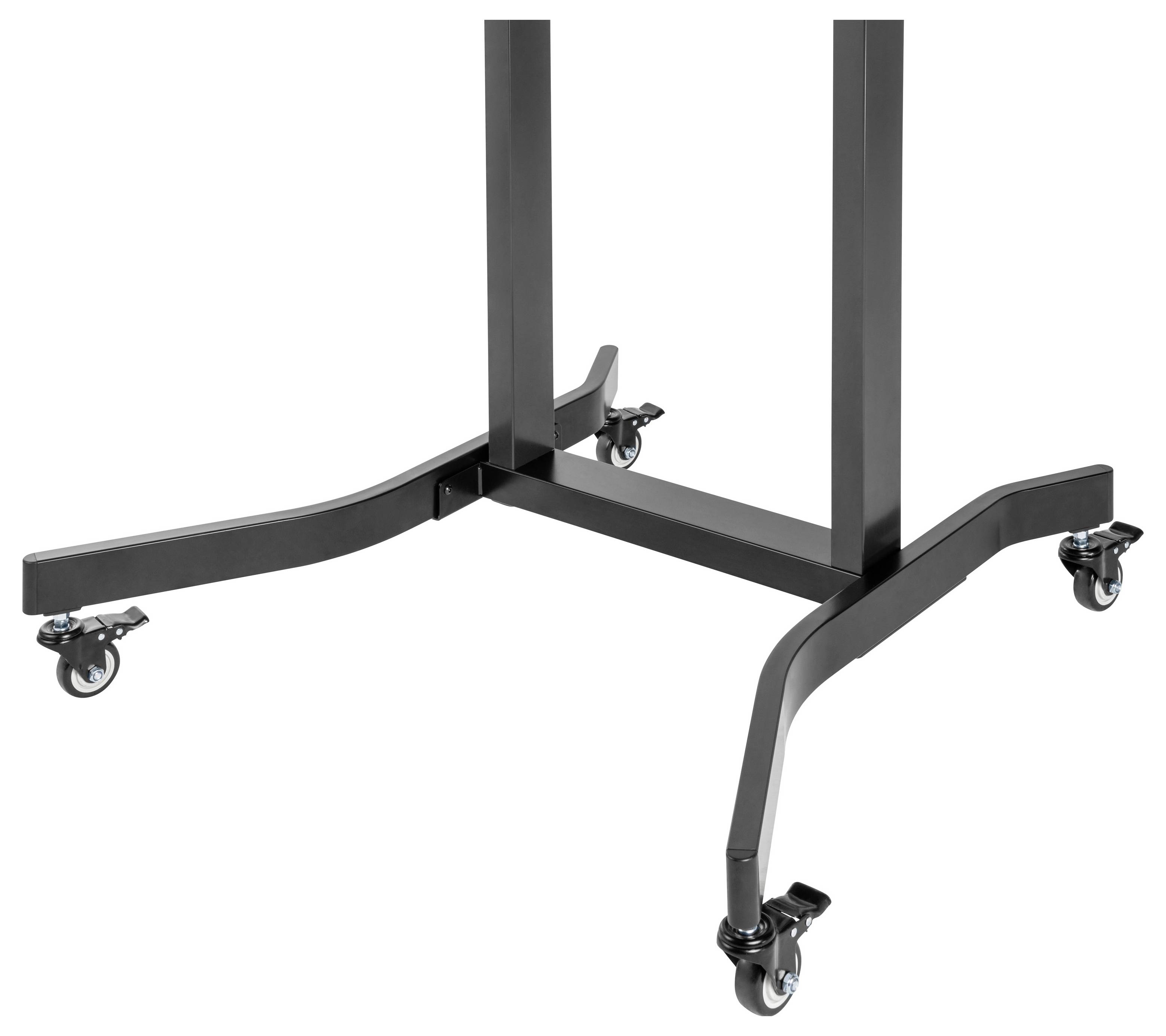 Nahaufnahme eines schwarzen mechanischen Befestigungsrahmens mit Schienen, Halterungen und zwei rechteckigen Motor- oder Steuergehäusen, die durch Kabel verbunden sind.