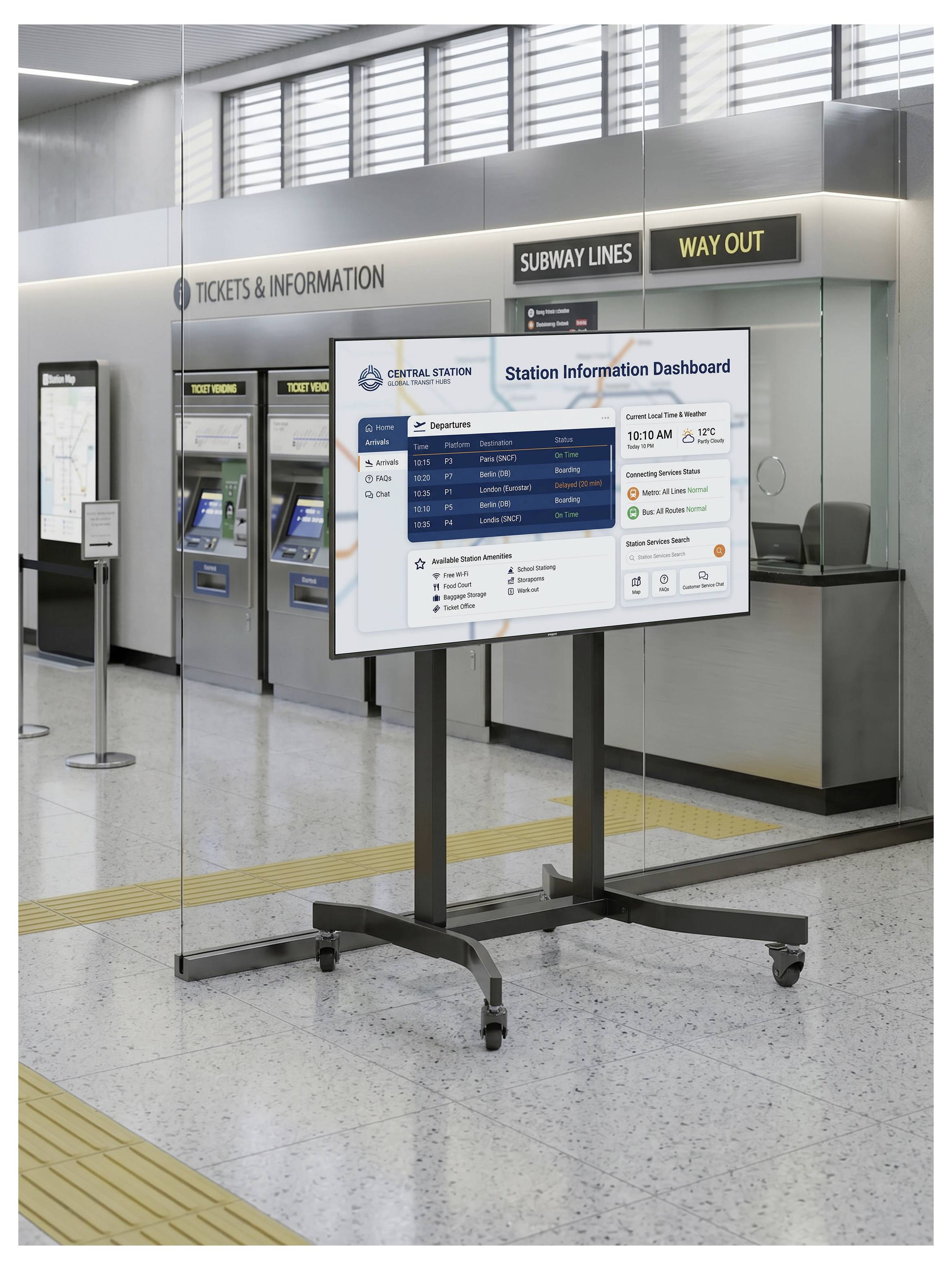 Digitales Fahrgastinformationsdisplay auf einem fahrbaren Ständer in einer U-Bahn-Station, das Abfahrtszeiten und Serviceaktualisierungen neben den Schildern „Fahrkarten & Information