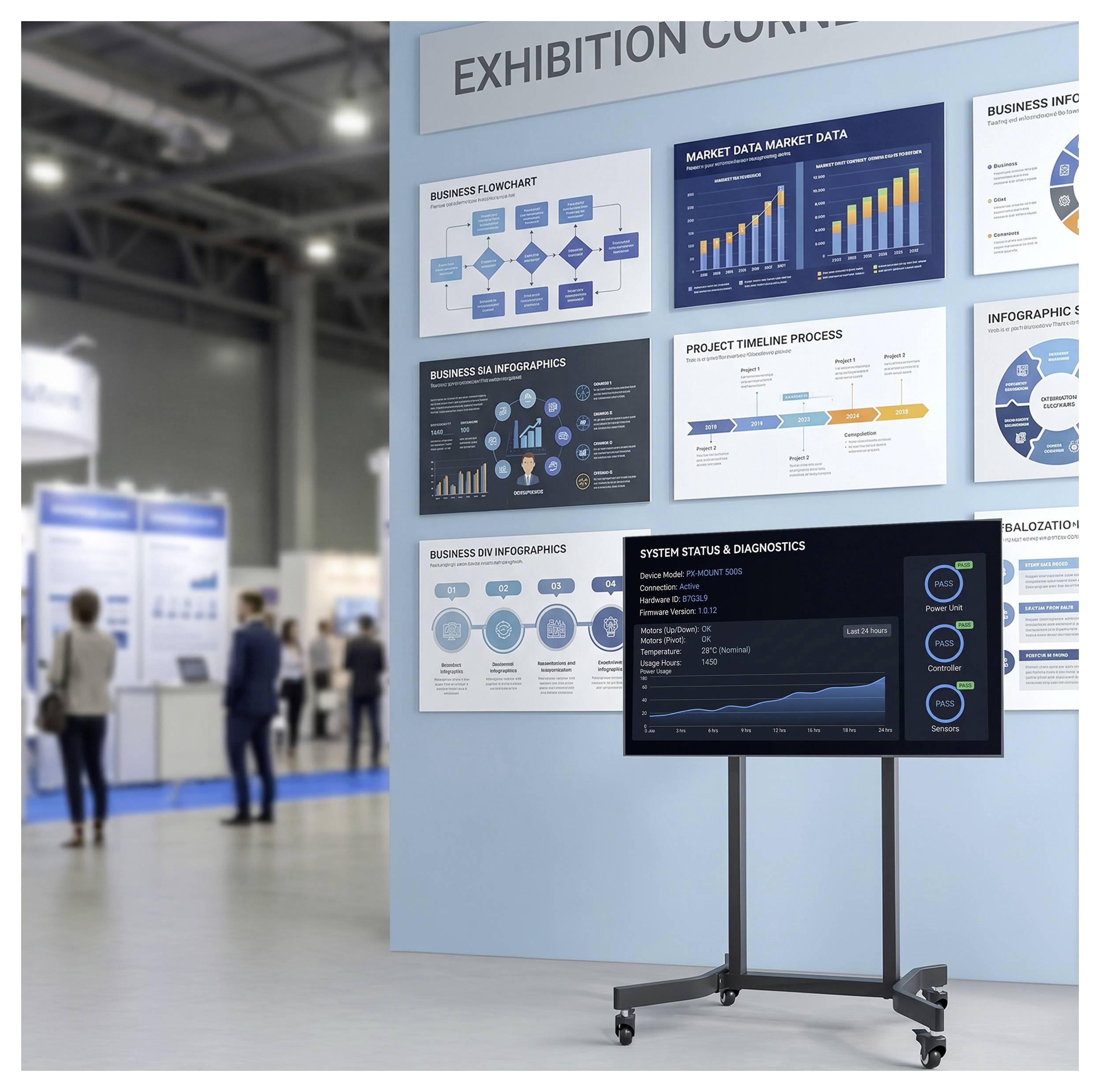 Ausstellungsstand-Display mit mehreren geschäftlichen Infografiken und Diagrammen auf einer wandmontierten Tafel, plus einem Monitor auf einem Ständer, der ein Dashboard mit 