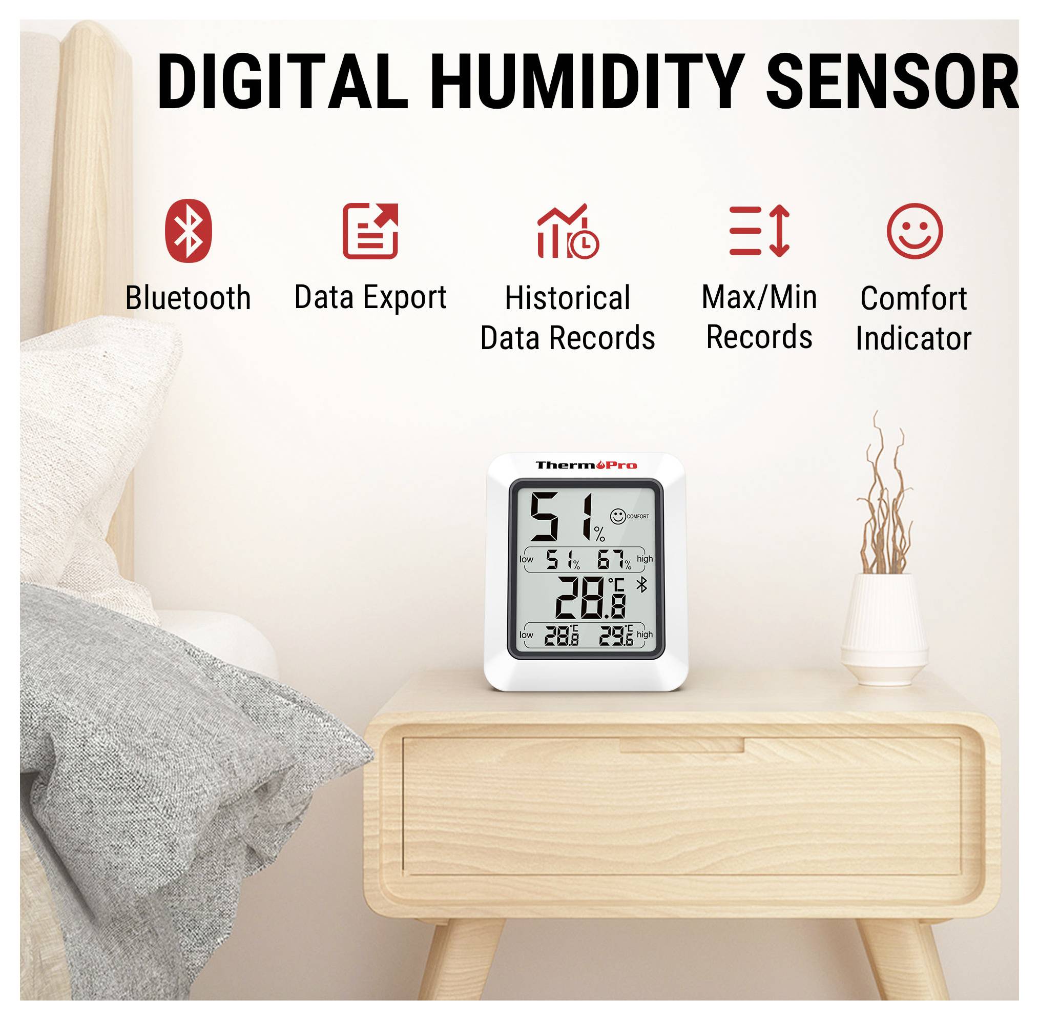 Digitales Feuchtigkeitsmessgerät auf einem Nachttisch, das Temperatur und Luftfeuchtigkeit mit Bluetooth anzeigt, Datenexport, Verlaufsdaten, Maximal-/Minimalwerte und Komfortindikatorfunktionen bietet.