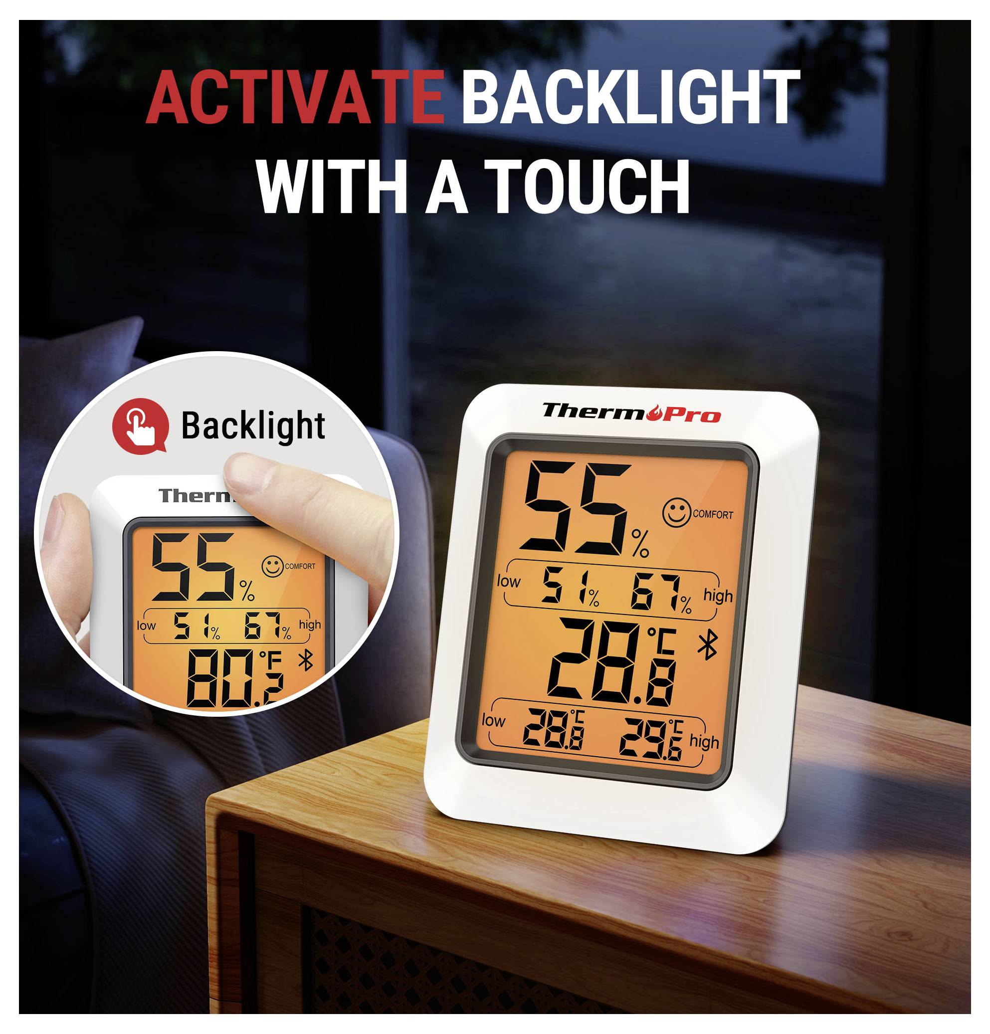 ThermoPro digitales Thermometer/Hygrometer auf einem Tisch, mit dem Text „BACKLIGHT DURCH BERÜHRUNG AKTIVIEREN