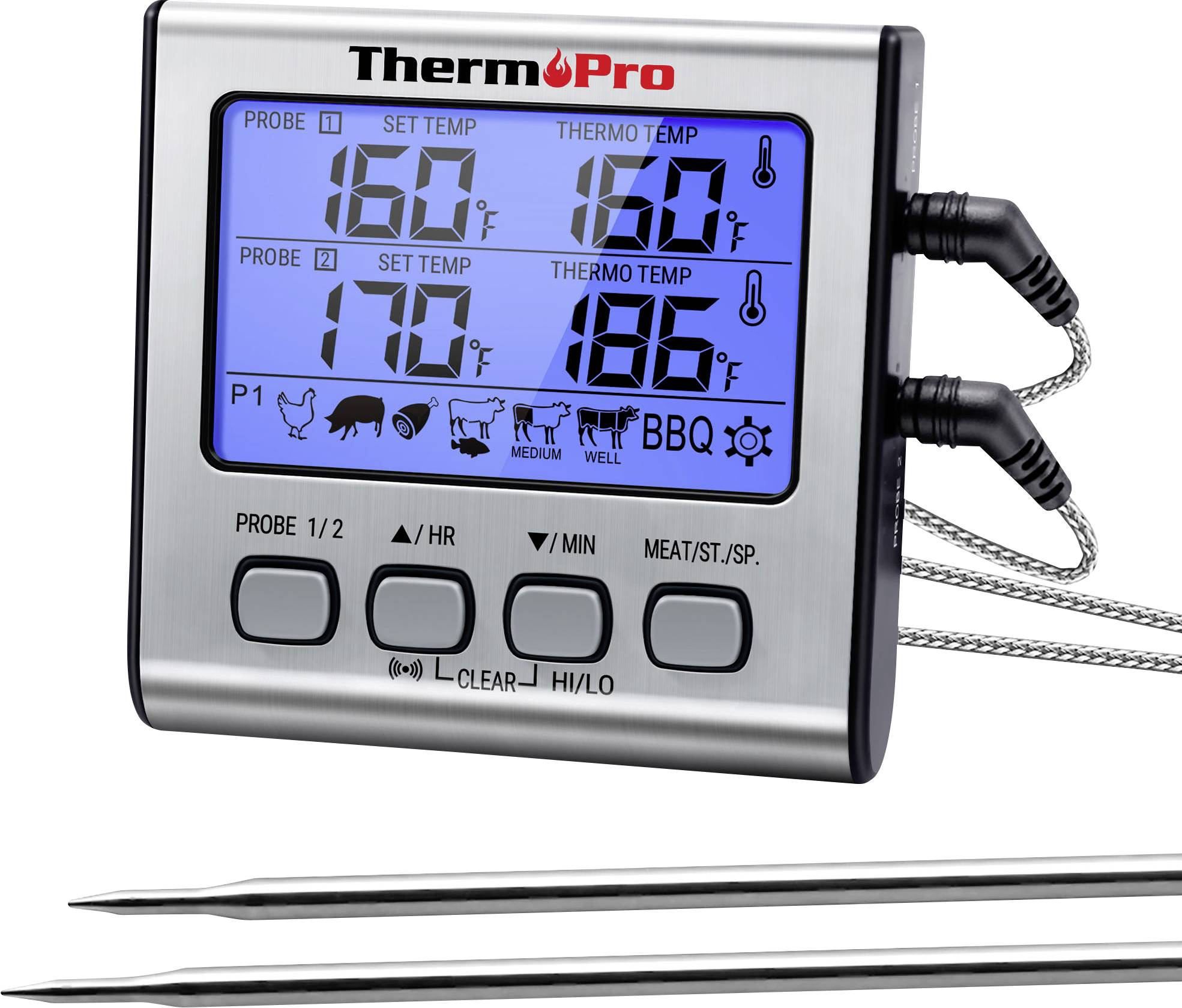 ThermoPro digitales Dual-Sonden-Fleischthermometer mit Display, das Sonden- und Zieltemperaturen anzeigt, sowie zwei angebrachte Metallsonden.