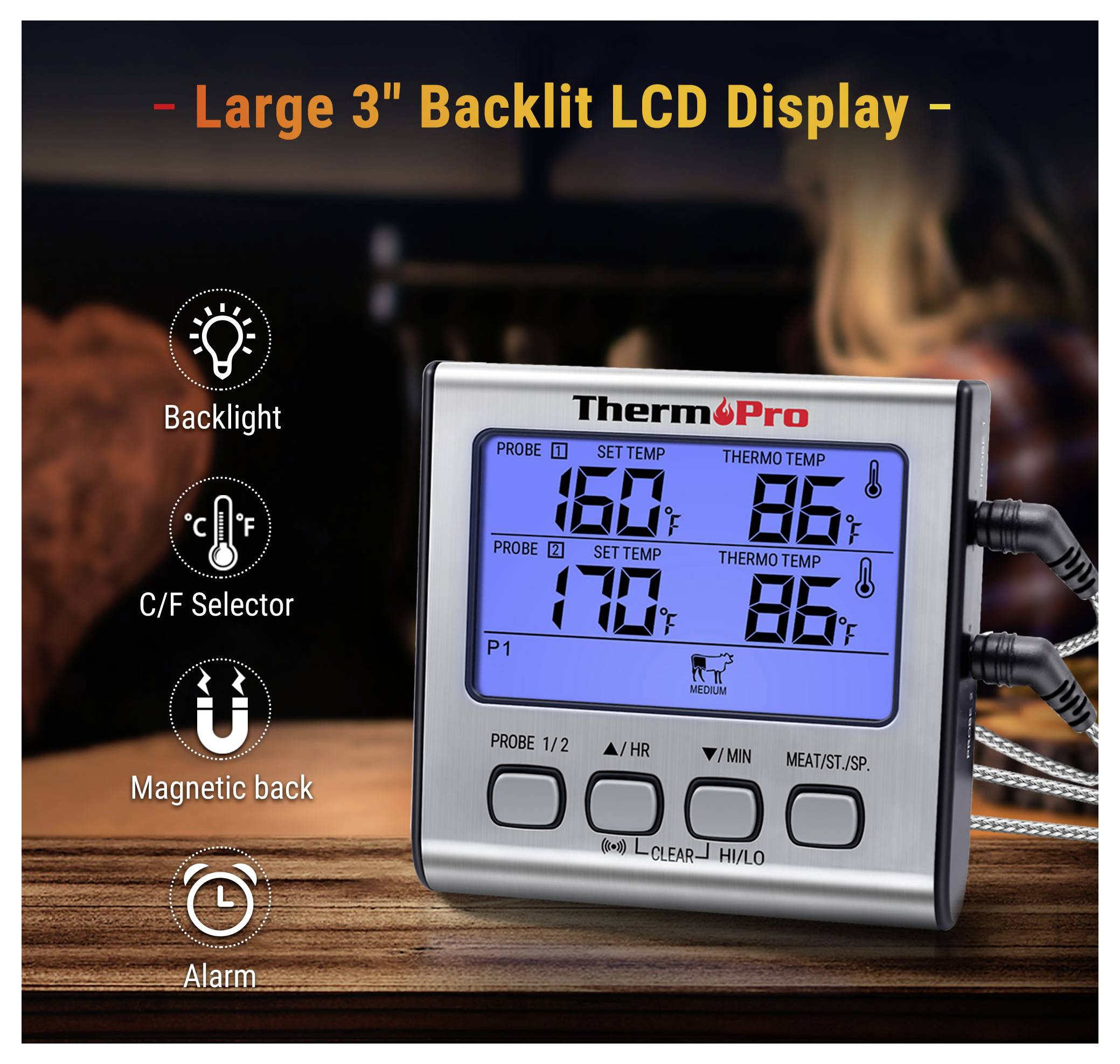 ThermoPro digitales Fleischthermometer mit großem beleuchteten LCD-Display, das Sonden- und Zieltemperaturen anzeigt, sowie Hintergrundbeleuchtung, C/F-Wähler, magnetische Rückseite und Alarmfunktionen.