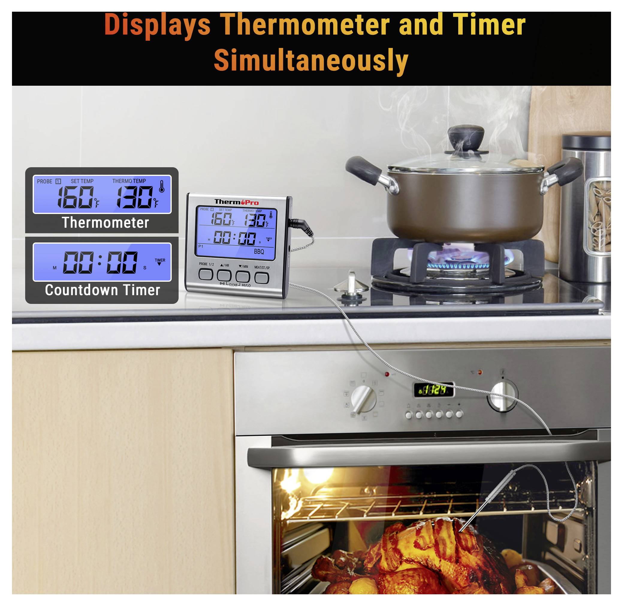 Küchenarbeitsplatte-Thermometer und Timer-Display zeigt 160°F und 130 Minuten an, während eine Sonde einen Topf auf dem Herd überwacht und ein Ofen Fleisch kocht.