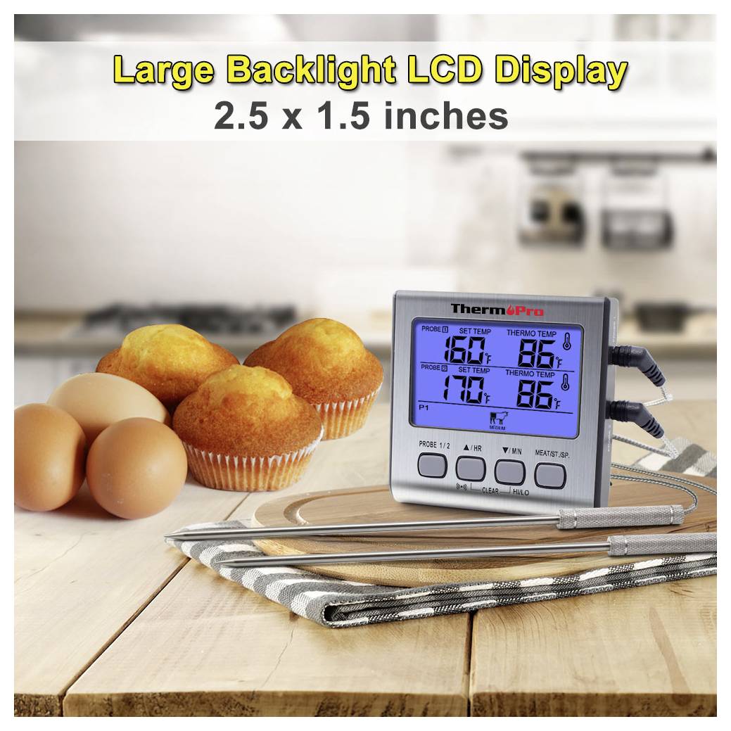 ThermPro digitales Thermometer mit großem beleuchtetes LCD auf einer Küchenablage neben Muffins, Eiern und Utensilien; der Text besagt „Large Backlight LCD Display