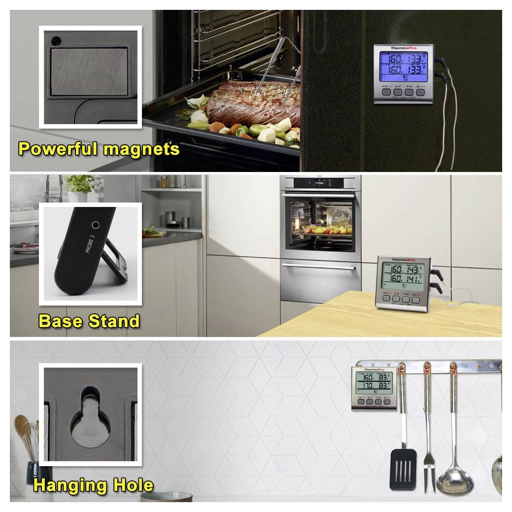 Dreiteiliges Produktbild eines Küchenthermometers/Timers mit den Funktionen 