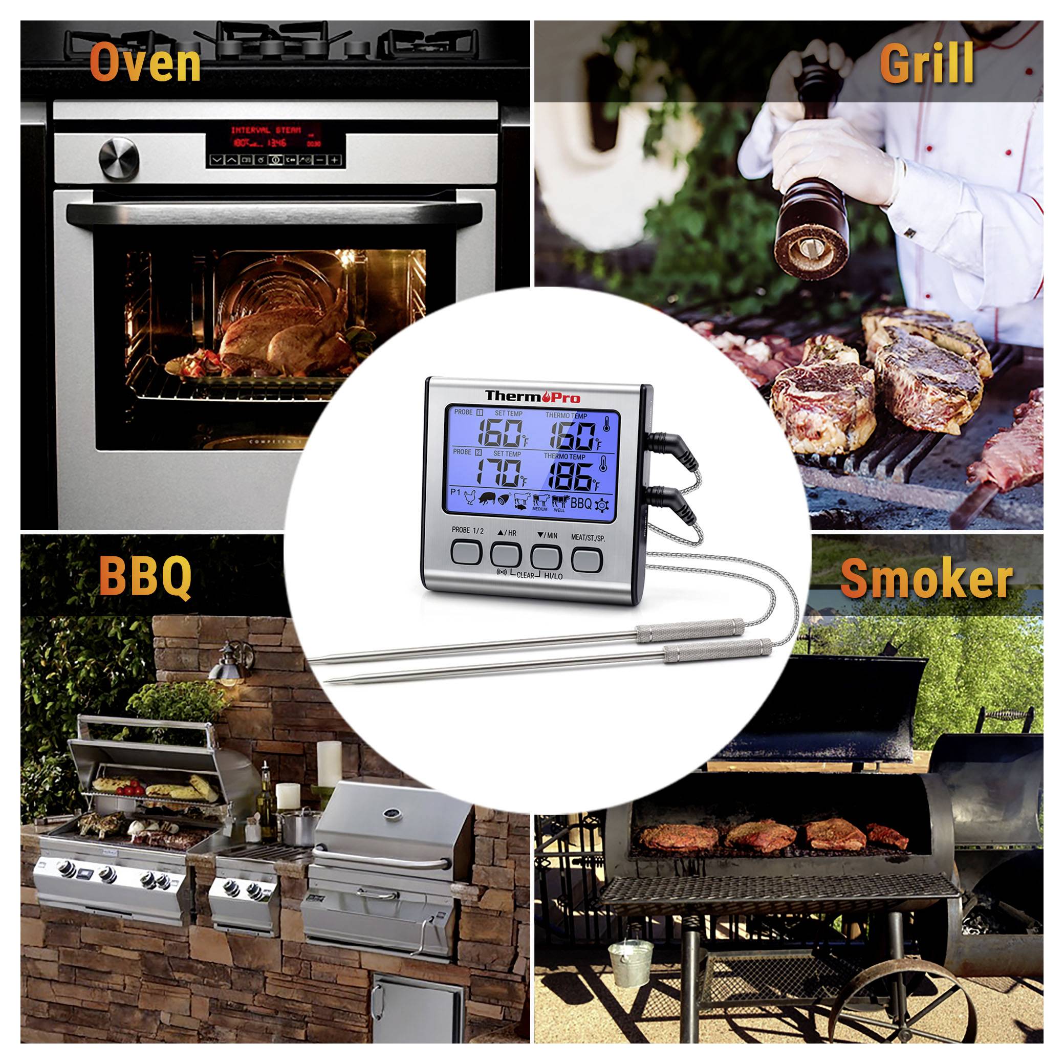 Collage aus Szenen mit Ofen, Grill, Holzkohlegrill und Räucherofen, zentriert auf ein digitales ThermoPro-Fleischthermometer mit Sonde.