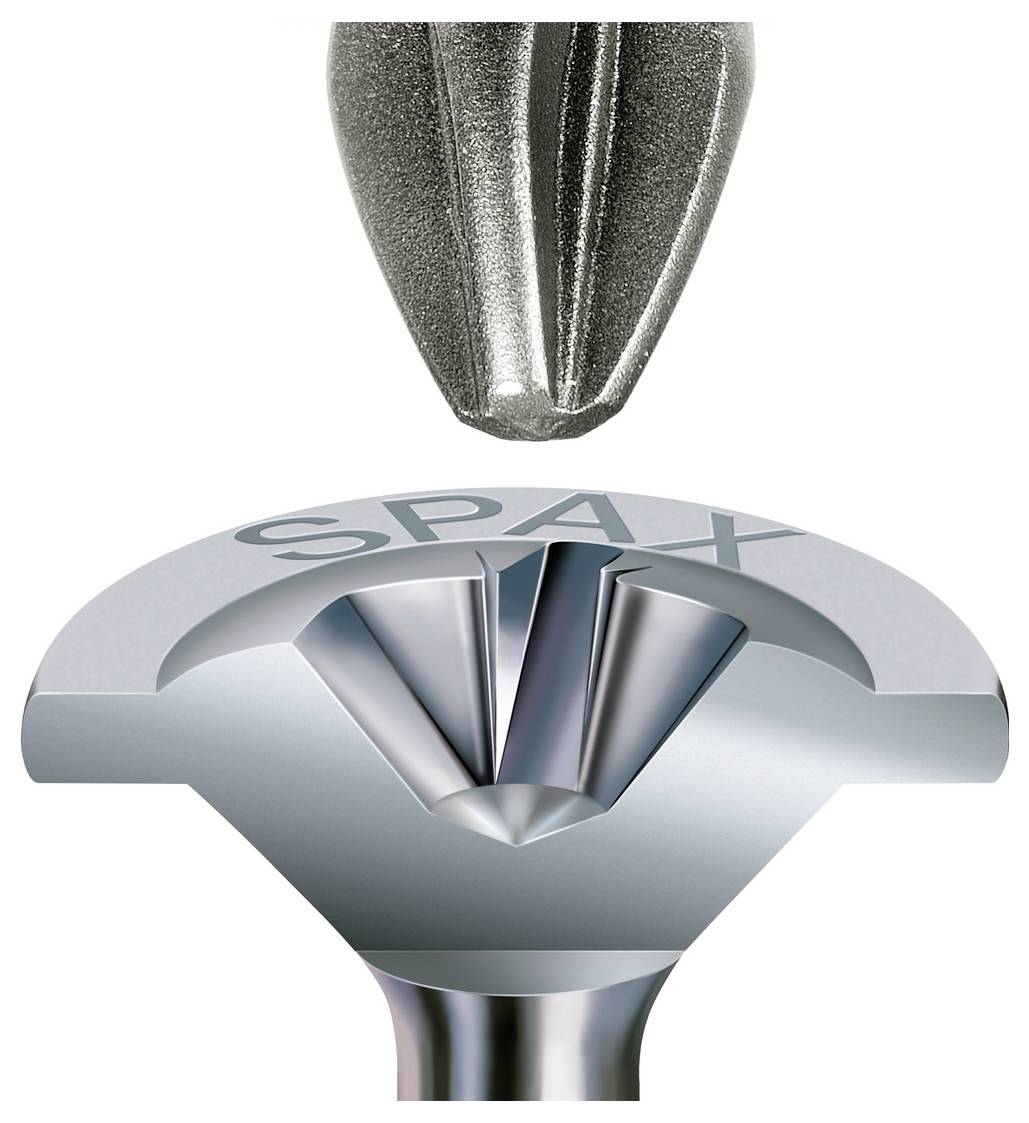 Nahaufnahme eines Metallschraubenkopfs und eines entsprechenden SPAX-Bits, die darüber ausgerichtet sind und die sternförmige Antriebspassform zeigen.
