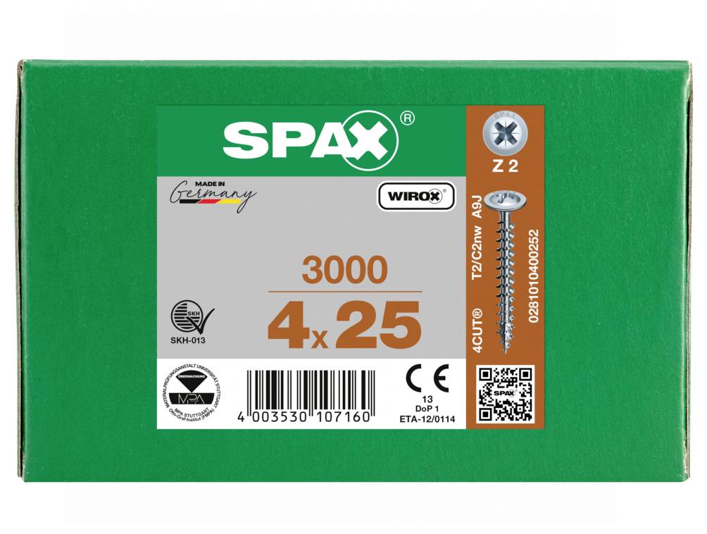 SPAX-Schraubenbox mit Bezeichnung 3000, 4x25, mit Produktabbildung und Barcode auf einer grünen Verpackung.