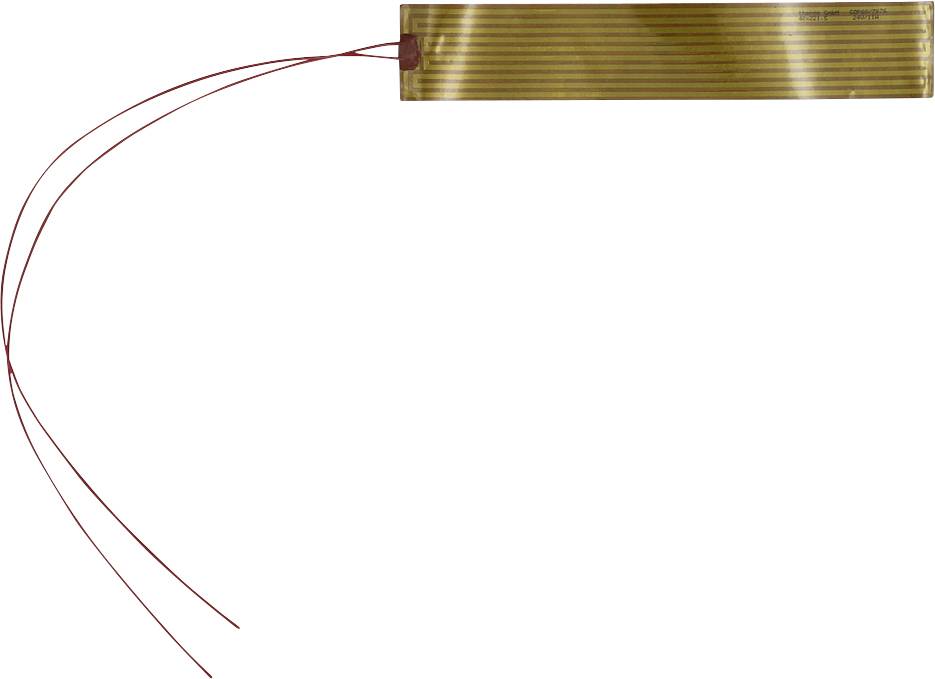 Flexibles flaches Bandkabel mit zwei roten Drähten, die vom linken Ende abstehen, dargestellt vor weißem Hintergrund.