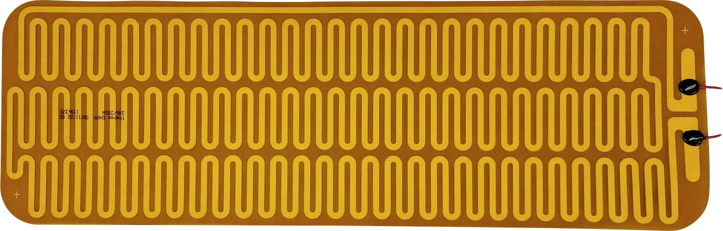 Draufsicht auf ein flexibles orangefarbenes schlangenförmiges Heizelement oder eine Schaltungsspur mit zwei Anschlüssen auf der rechten Seite.