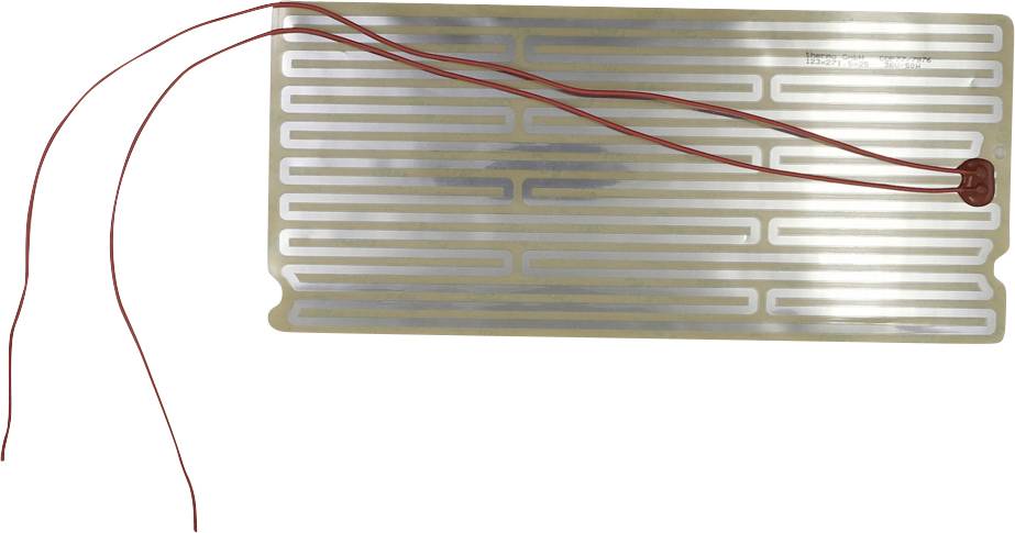 Flexibles Heizelement mit einem gewellten goldfarben Gitter und roten Anschlussdrähten, die oben und auf der rechten Seite befestigt sind.
