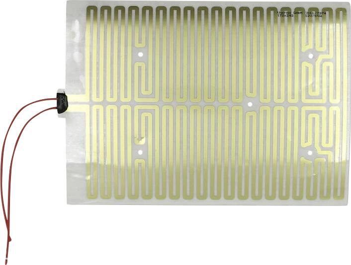 Ein flexibles Haftungsheizpad mit einem goldenen Serpentinenalternativmuster und zwei roten Leitungsdrähten, die auf der linken Seite angebracht sind.