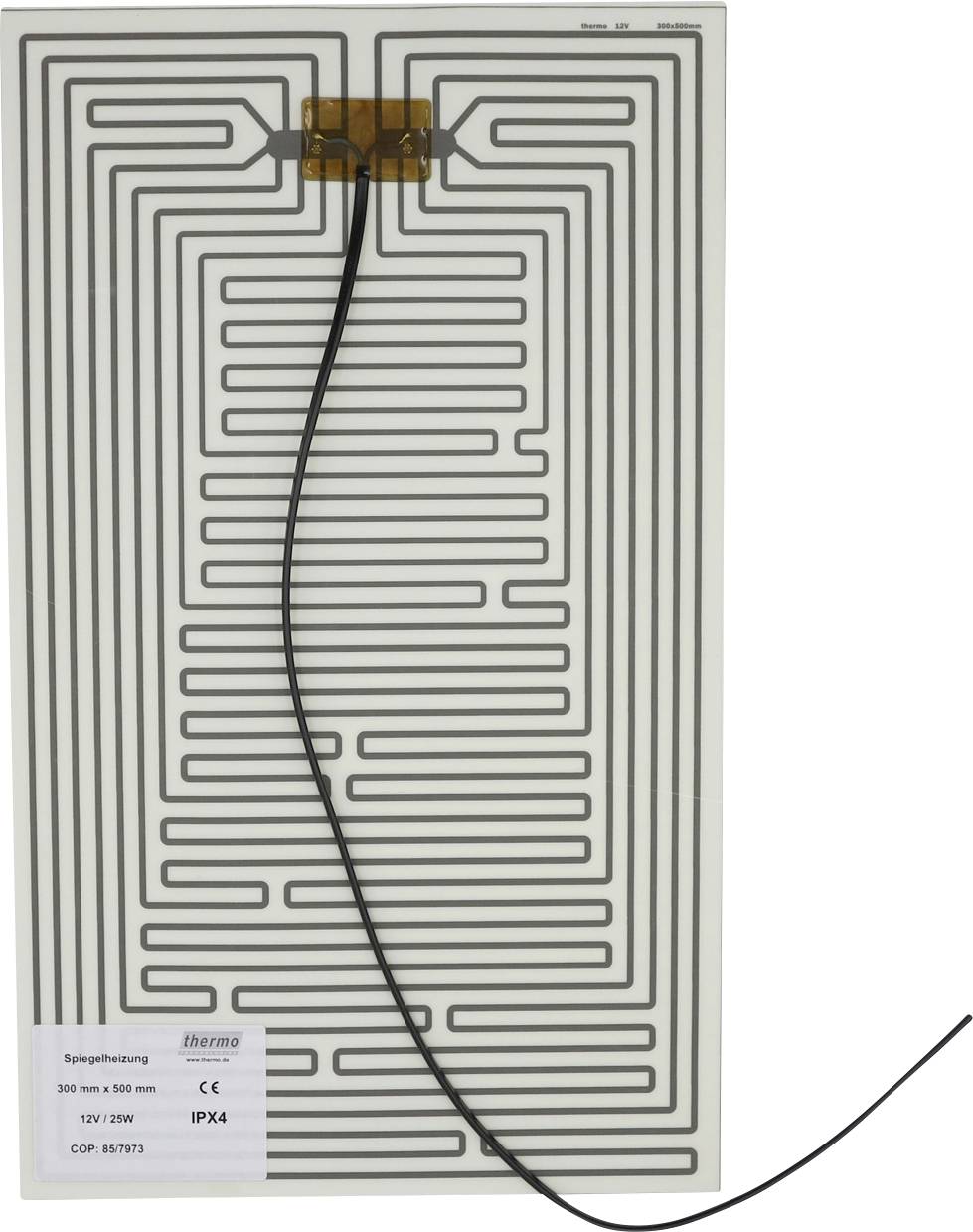 Rechteckige elektrische Heizmatte mit einem Serpentinen-Heizmuster und angebrachtem Stromkabel, dargestellt auf weißem Hintergrund.