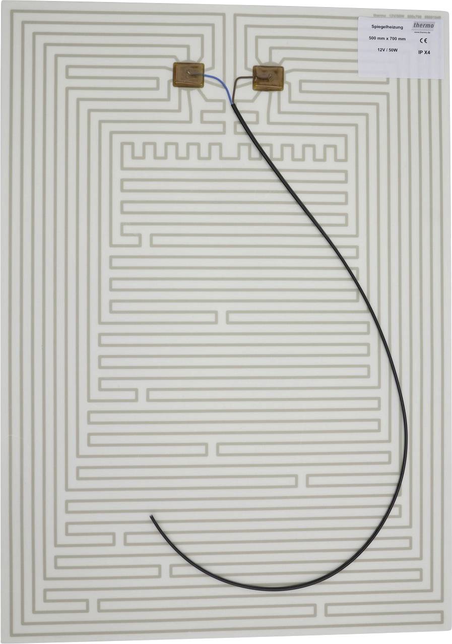 Rückansicht eines rechteckigen Panels mit einem labyrinthartigen leitfähigen Muster und einem schwarzen Kabel, das oben angebracht ist, wahrscheinlich ein Heiz- oder Antennenelement.