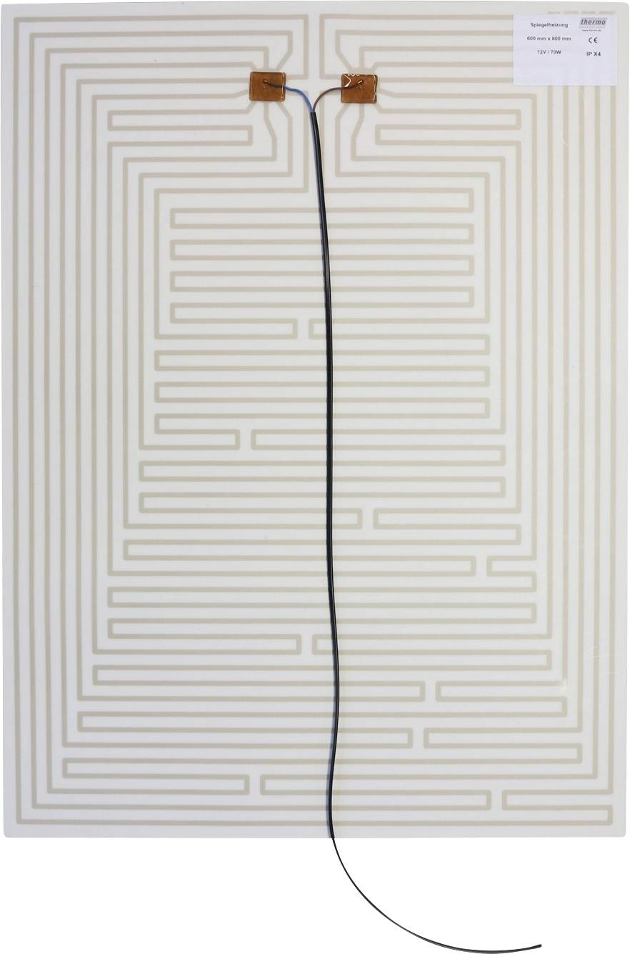 Ein rechteckiges, labyrinthartig bedrucktes Antennenmuster auf einem Blatt mit zwei Kupferkonnektoren oben, die durch schwarze Drähte verbunden sind.