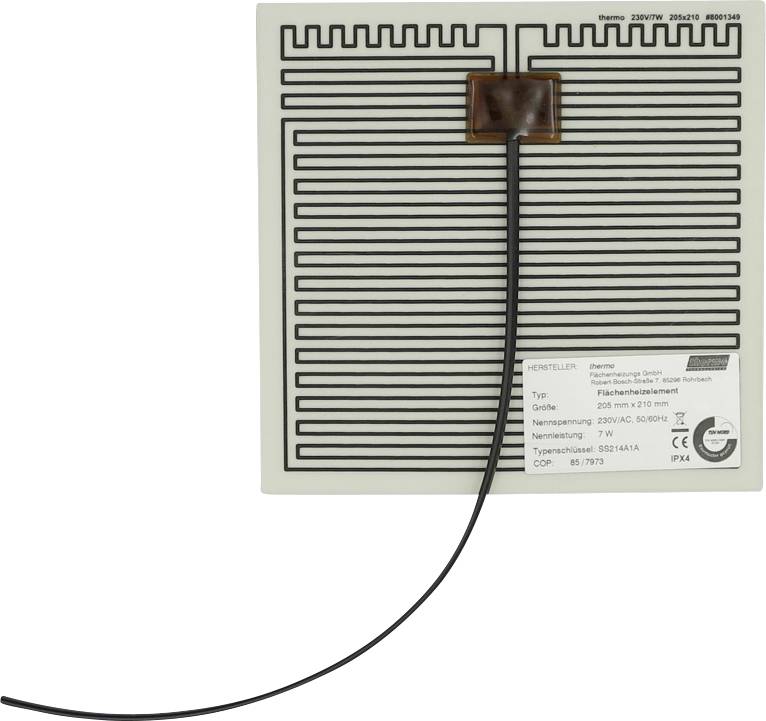 Quadratische elektrische Heizmattenmatte mit schwarzem Stromkabel und Etikett, gezeigt auf weißem Hintergrund.