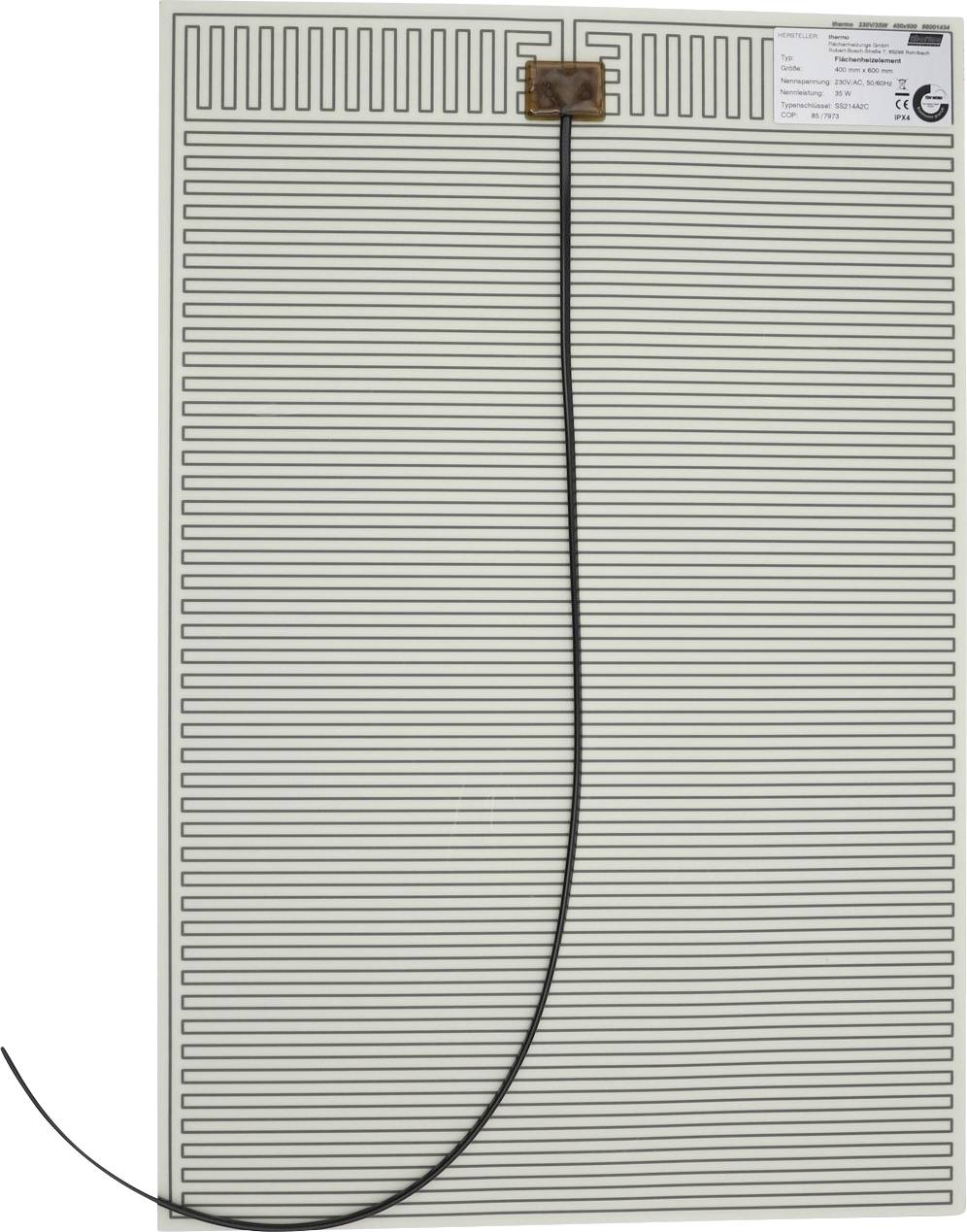 Rechteckige flexible Heizmatte mit einem langen schwarzen Stromkabel, das oben angebracht ist, auf weißem Hintergrund dargestellt.